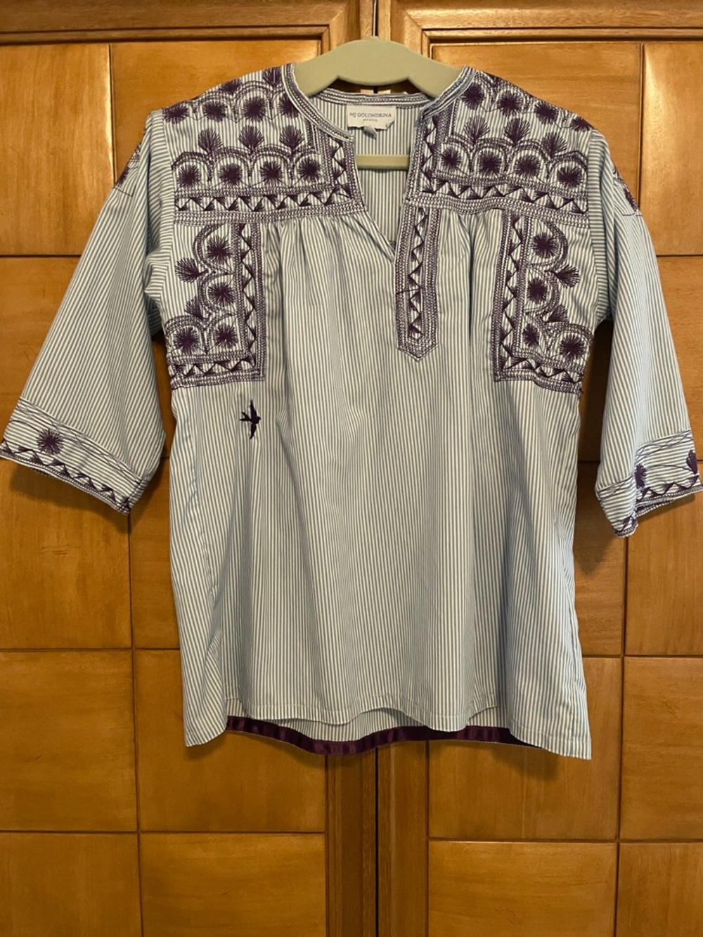 Mi Golondrina White & Purple Striped Embroidered Tunic